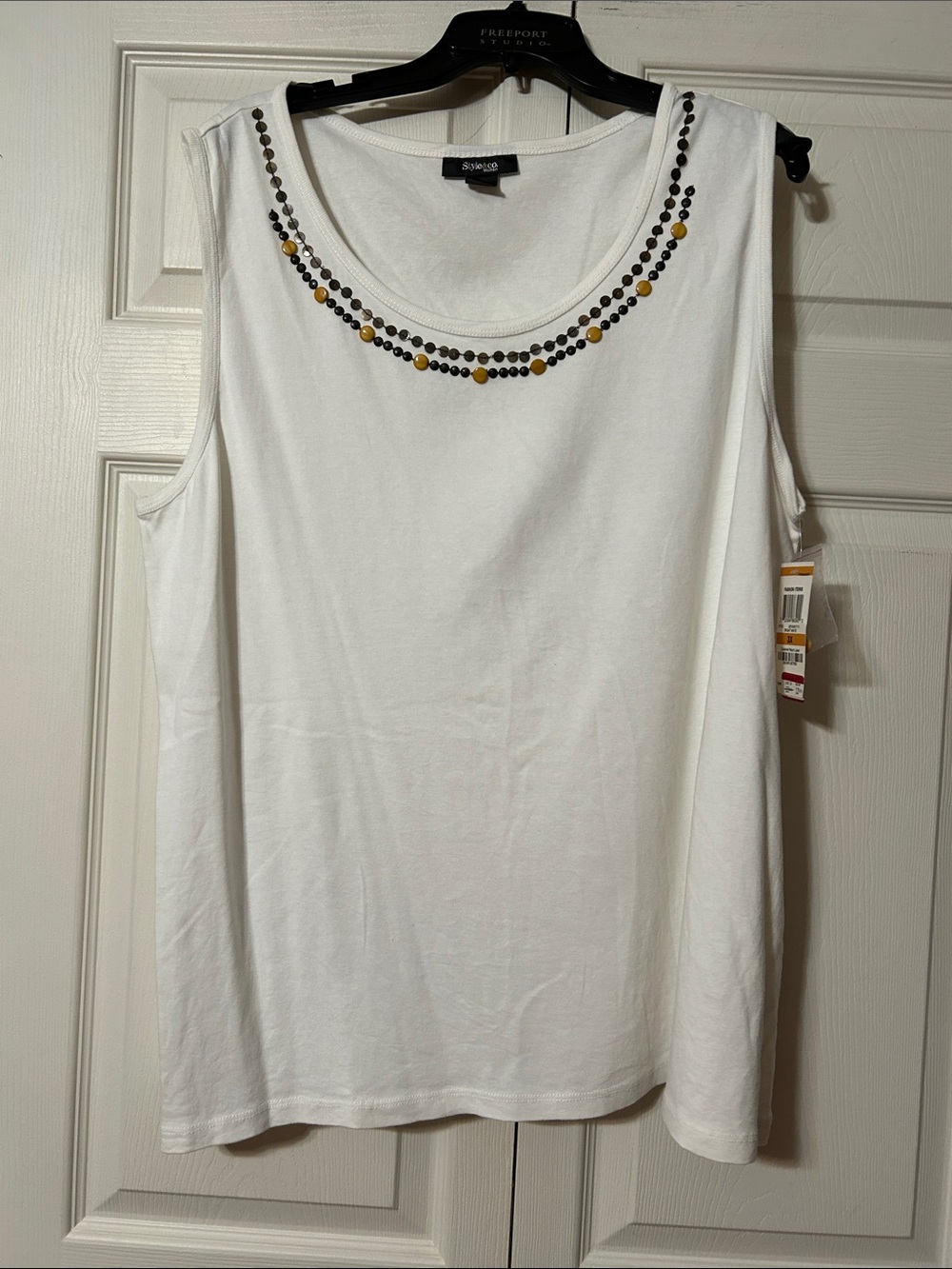 Style & Co. 100% Cotton 3X White Scoop Neck Tank Black & Yellow Bead Trim